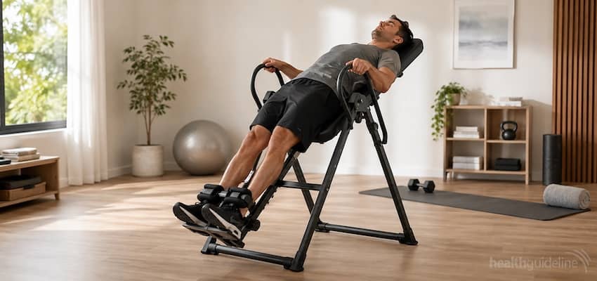 Man using an inversion table in a bright home gym for back stretching, spinal decompression, and wellness exercise.