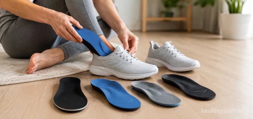 Person placing an arch-support insole into a sneaker with several supportive insoles displayed nearby for flat feet.