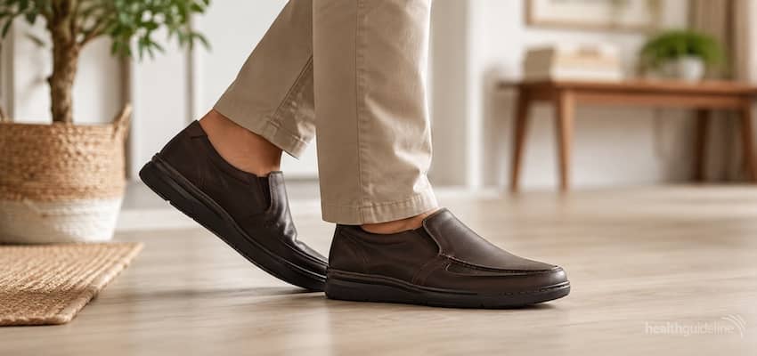Clarks-style supportive leather shoes for plantar fasciitis, worn indoors for comfortable walking and everyday foot support.