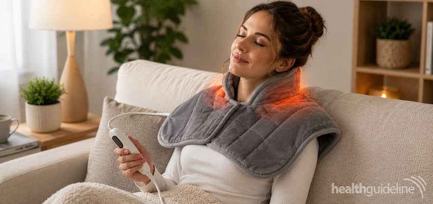 Woman relaxing on a sofa while using a neck and shoulder heating pad for soothing warmth and muscle comfort.