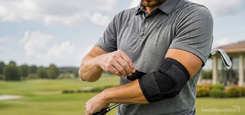 Golfer adjusting a supportive elbow brace on his arm while holding a golf club on a golf course.