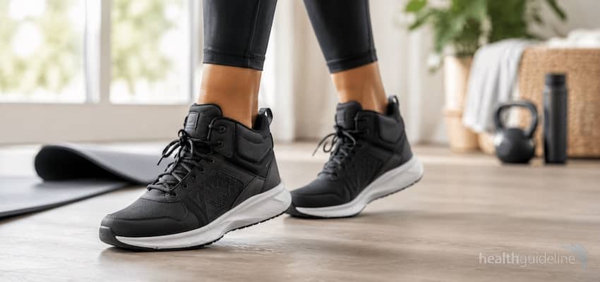 High-top sneakers with ankle support worn in a bright home gym, designed for stability, comfort, and everyday workouts.