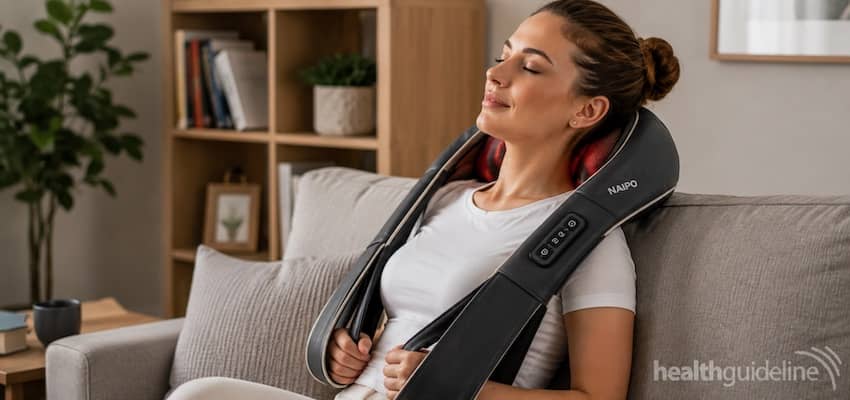 Woman relaxing on a sofa while using a NAIPO Shiatsu back and neck massager with heat for muscle relaxation.