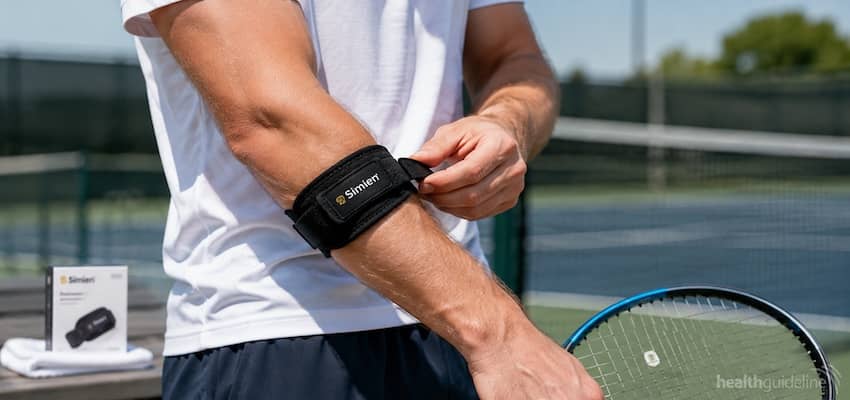 Tennis player adjusting a Simien tennis elbow brace on the forearm beside a tennis racket on an outdoor court.