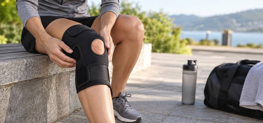 Adjusting Knee Support by the Waterfront