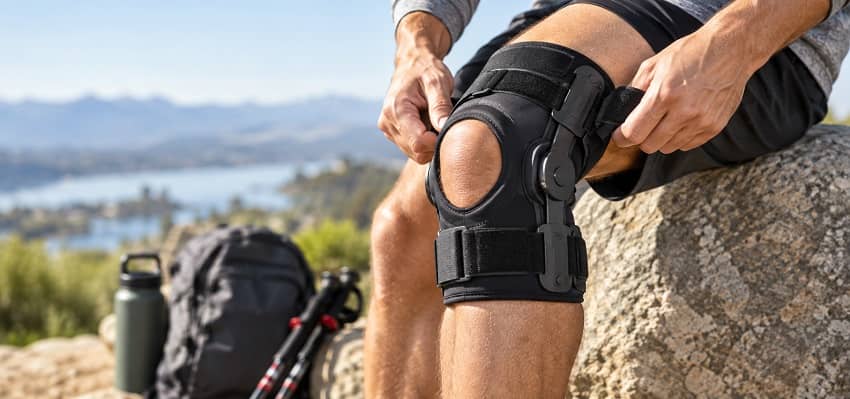 Adjusting a Knee Brace Outdoors