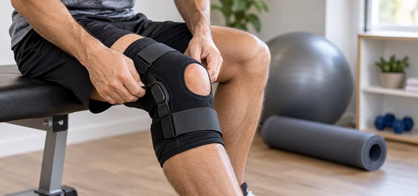 Person adjusting a generic hinged knee brace during torn meniscus recovery