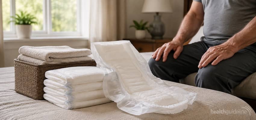 Adult diapers displayed on a bed beside an older adult, highlighting absorbent incontinence protection for everyday comfort and care.