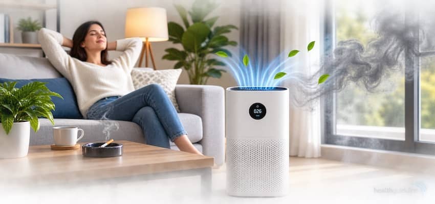 Air purifier for smoke in a modern living room filtering smoky indoor air