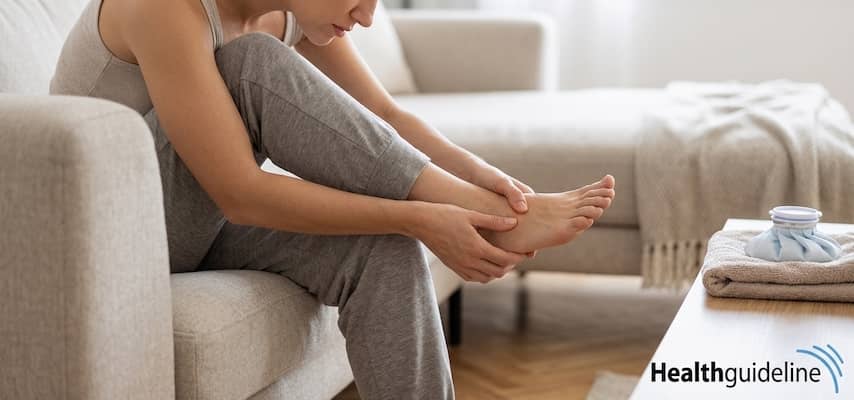 A woman massage her foot to relieve pain from plantar fasciitis or a foot injury.