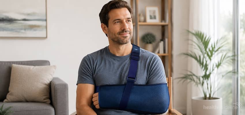 Man wearing a supportive arm sling at home to stabilize the shoulder and elbow during injury recovery.