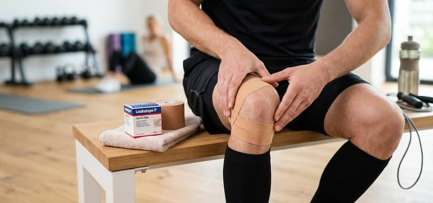 An athlete sitting on a wooden bench in a modern gym, gently holding his left knee which is wrapped in tan sports tape.
