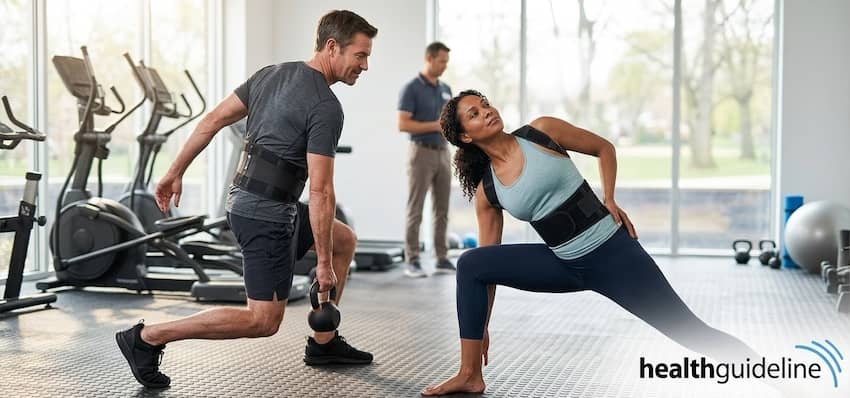 Man and woman wearing ergonomic back braces for lumbar support and posture during a workout guided by a trainer.
