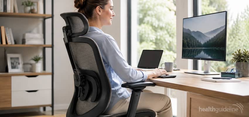 Woman sitting at a desk in an ergonomic office chair with built-in lumbar and back support designed to reduce back pain during work.