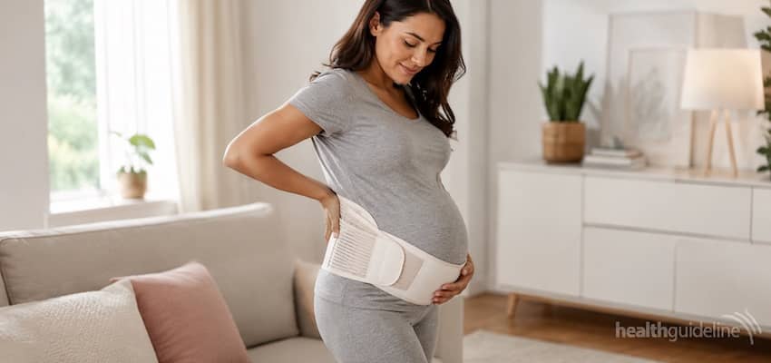 Pregnant woman wearing a supportive maternity back belt at home to help relieve lower back pressure during pregnancy.