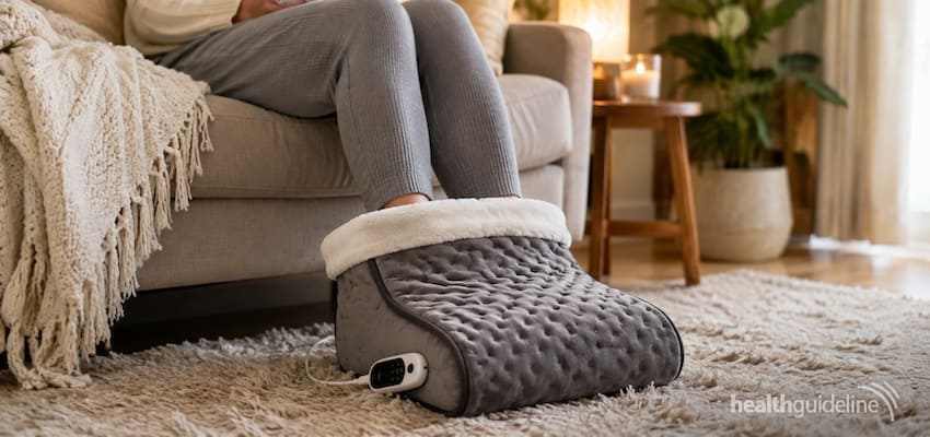 Person relaxing at home with both feet inside a plush electric foot warmer, with a temperature controller visible beside it.