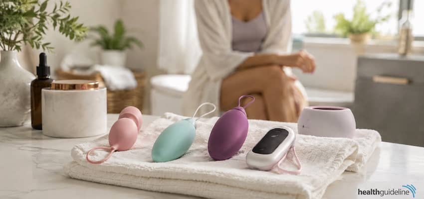 Assortment of Kegel exercise devices arranged on a soft towel in a bright wellness setting, with a woman seated in the background.