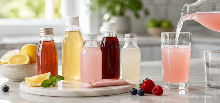 Assorted liquid collagen drinks in clear bottles and a glass, styled with fresh fruit on a bright kitchen countertop.