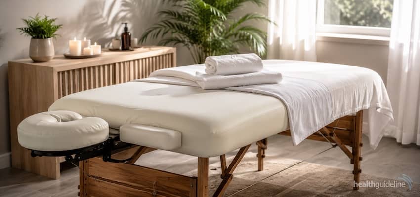 Best massage table with padded cushioning, face cradle, armrests, and wooden frame in a relaxing spa treatment room.
