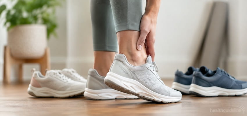 Person wearing supportive athletic shoes while holding the heel, with additional cushioned shoe options nearby for heel pain relief.