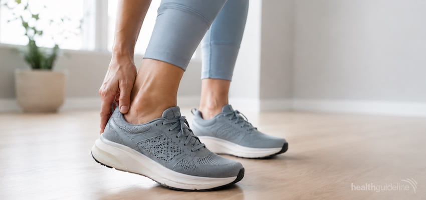 Person wearing supportive gray athletic shoes while holding the heel, highlighting cushioned footwear designed for plantar fasciitis comfort and support.