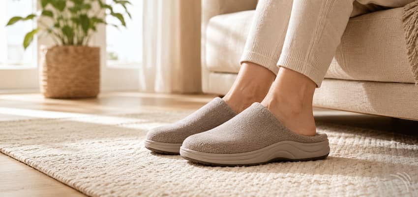 Person wearing cushioned slippers with supportive soles and built-in arch support while relaxing at home.