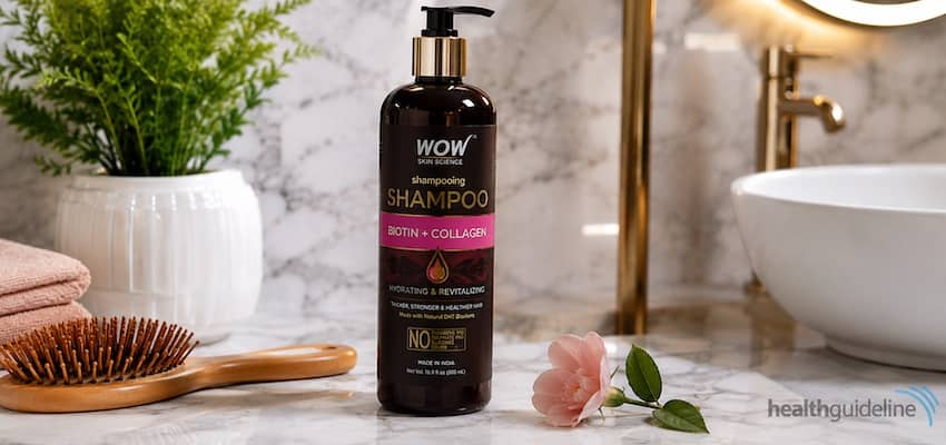 WOW Skin Science Biotin + Collagen Shampoo displayed on a bright bathroom vanity beside a wooden hairbrush, folded towels, greenery, and a white sink.