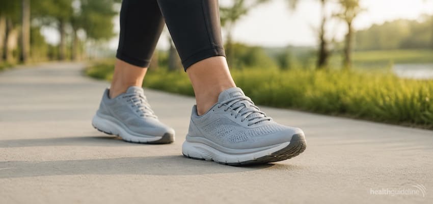 Person walking outdoors in supportive gray Brooks-style walking shoes designed for comfort and plantar fasciitis support.