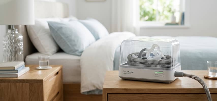 A streamlined CPAP cleaner machine sits on a modern wooden bedside table, sanitizing a coiled mask and hose within its transparent chamber in a bright, peaceful bedroom.
