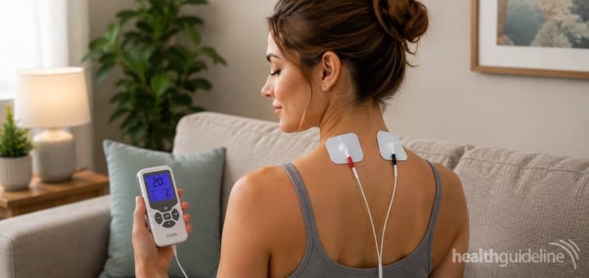 Woman using a TENS unit with electrode pads on her neck for neck pain relief and muscle stimulation.