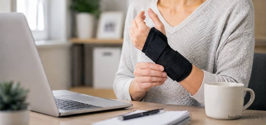 Woman wearing a black carpal tunnel wrist brace while working at a laptop, supporting the wrist during everyday computer use.