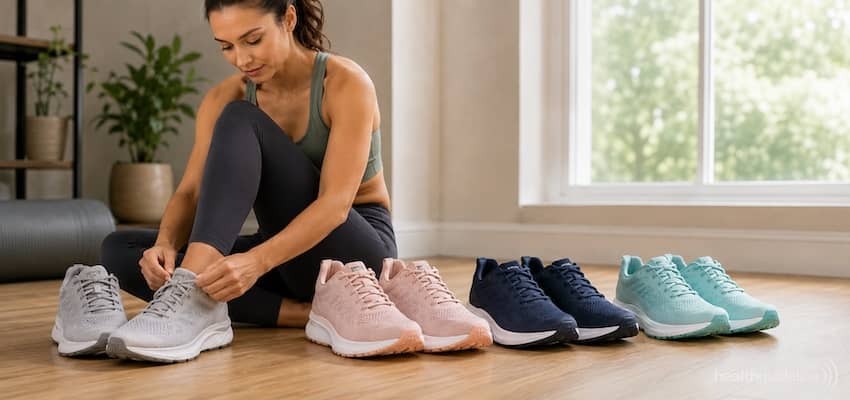 Woman tying a running shoe while sitting beside four matching pairs of supportive running shoes, illustrating top shoe options for women with flat feet.