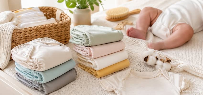 Stacks of soft cloth diapers arranged beside a newborn on a cozy blanket, highlighting reusable diaper options for newborn care.