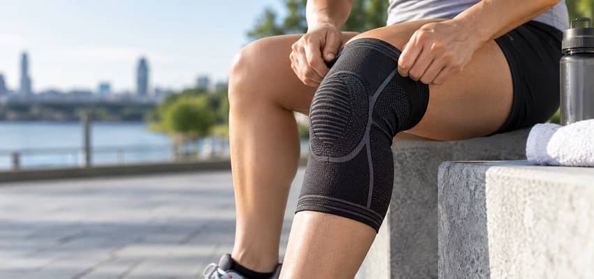 Person in athletic clothing adjusting a plain black knee compression sleeve before exercise, with several unbranded sleeve styles nearby.