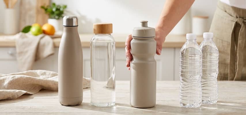 An image of four distinct water bottles lined up on a wooden counter: a metal flask, glass, plastic sports, and disposable.