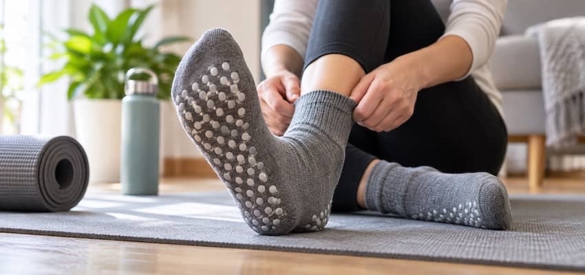 wearing Cozy Grippy Socks at Home