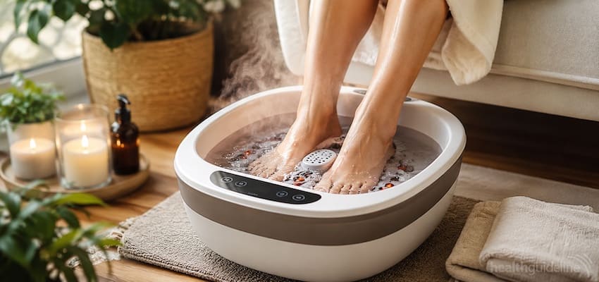 Person soaking their feet in a heated foot spa massager at home, with warm bubbling water and a relaxing wellness setup.