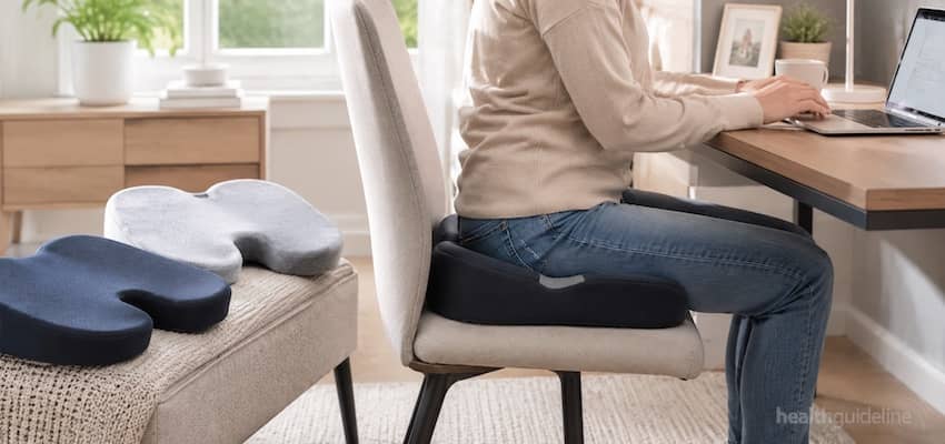 Person sitting on a U-shaped coccyx pillow at a home office desk, with additional ergonomic seat cushions designed to relieve tailbone pain.