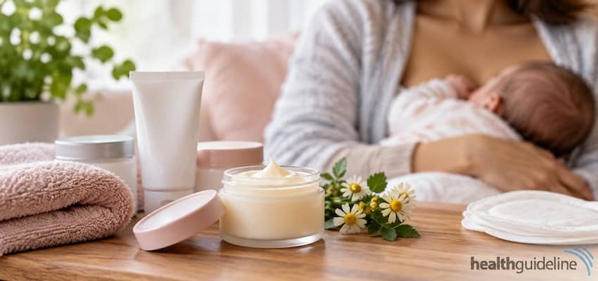 Breastfeeding mother with nipple cream and nursing care essentials, illustrating soothing support for sore nipples while breastfeeding.