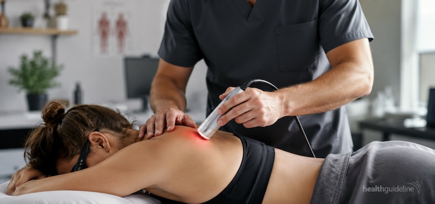 Therapist applying deep tissue laser therapy to a patient’s upper back and shoulder with a handheld laser device in a modern clinic.