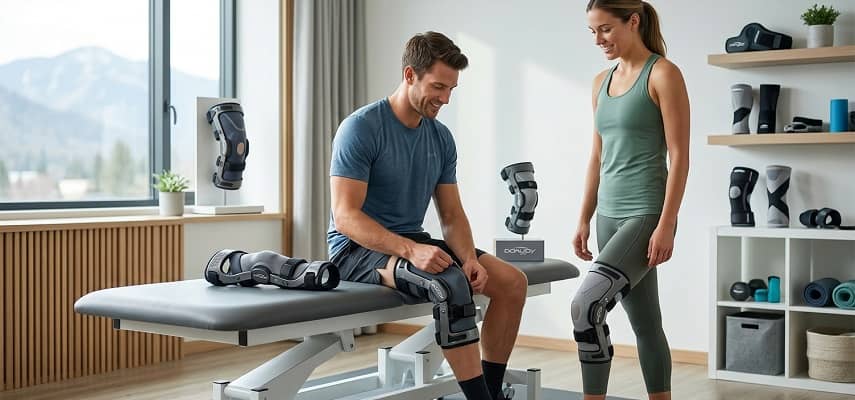 Donjoy ACL knee braces in natural light at a clinic: patients fitting different models for recovery and stability.