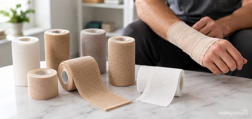 Multiple elastic adhesive bandage rolls in different neutral colors with a wrist wrapped for support, illustrating bandage comparison options.