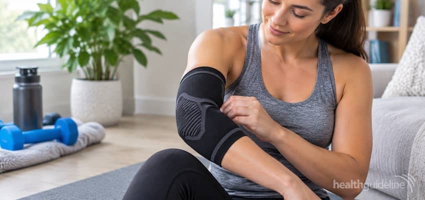 Woman wearing an elbow compression sleeve for joint support and comfort during exercise and recovery.