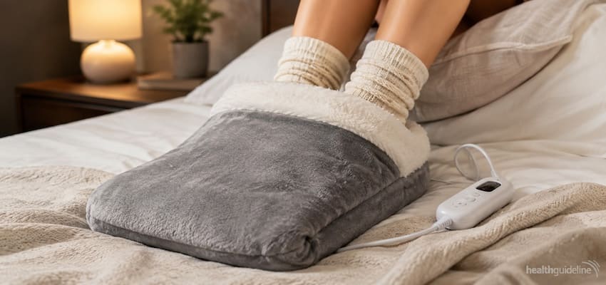 Person resting in bed with feet inside a plush electric foot warmer, with a wired temperature controller visible beside them.