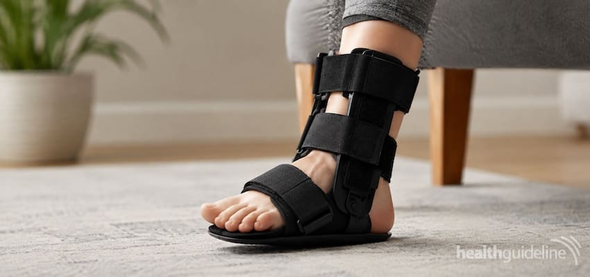 Close-up of a foot wearing a supportive black brace designed to stabilize the ankle and relieve extensor tendonitis discomfort.