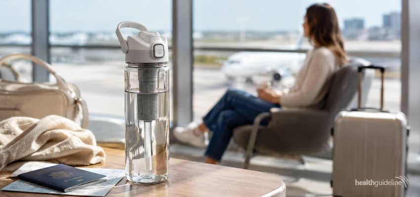 Filtered water bottle for travel on an airport lounge table with passport and luggage, ideal for safe drinking water on the go.
