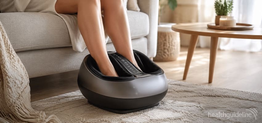 Person using an electric foot massager at home to help relieve plantar fasciitis foot pain and tension.