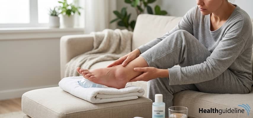 Person resting a swollen foot on an ice pack for pain relief at home.