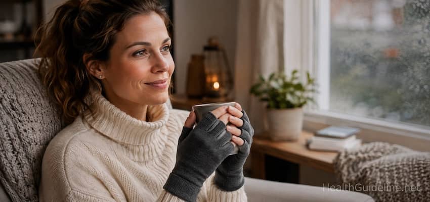 Woman wearing warm fingerless gloves for Raynaud’s disease while holding a hot drink indoors on a cold day.