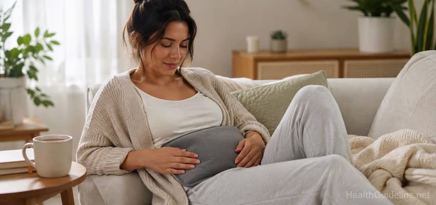 Woman using a heating pad on her lower abdomen for menstrual cramp relief while relaxing on a sofa.